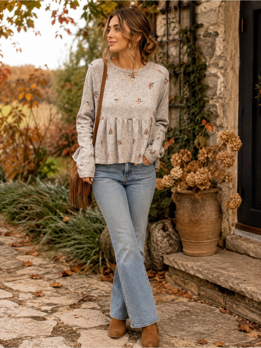 Alya Embroidered Babydoll Knit Top Gray Floral Long Sleeve Small